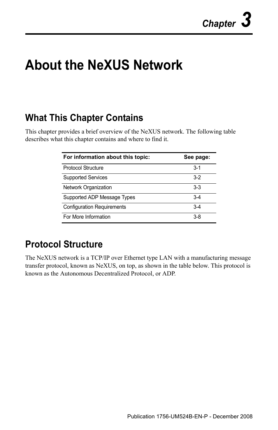 Chapter 3 about the nexus network, What this chapter contains, Protocol structure | Chapter 3, About the nexus network, Chapter | Rockwell Automation 1756-NEX Nexus Module  User Manual | Page 27 / 98
