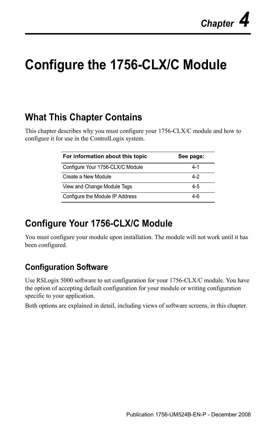 Chapter 4 configure the 1756-clx/c module, What this chapter contains, Configure your 1756-clx/c module | Configuration software, Chapter 4, Configure the 1756-clx/c module, Configuration software -1, Chapter | Rockwell Automation 1756-NEX Nexus Module  User Manual | Page 35 / 98