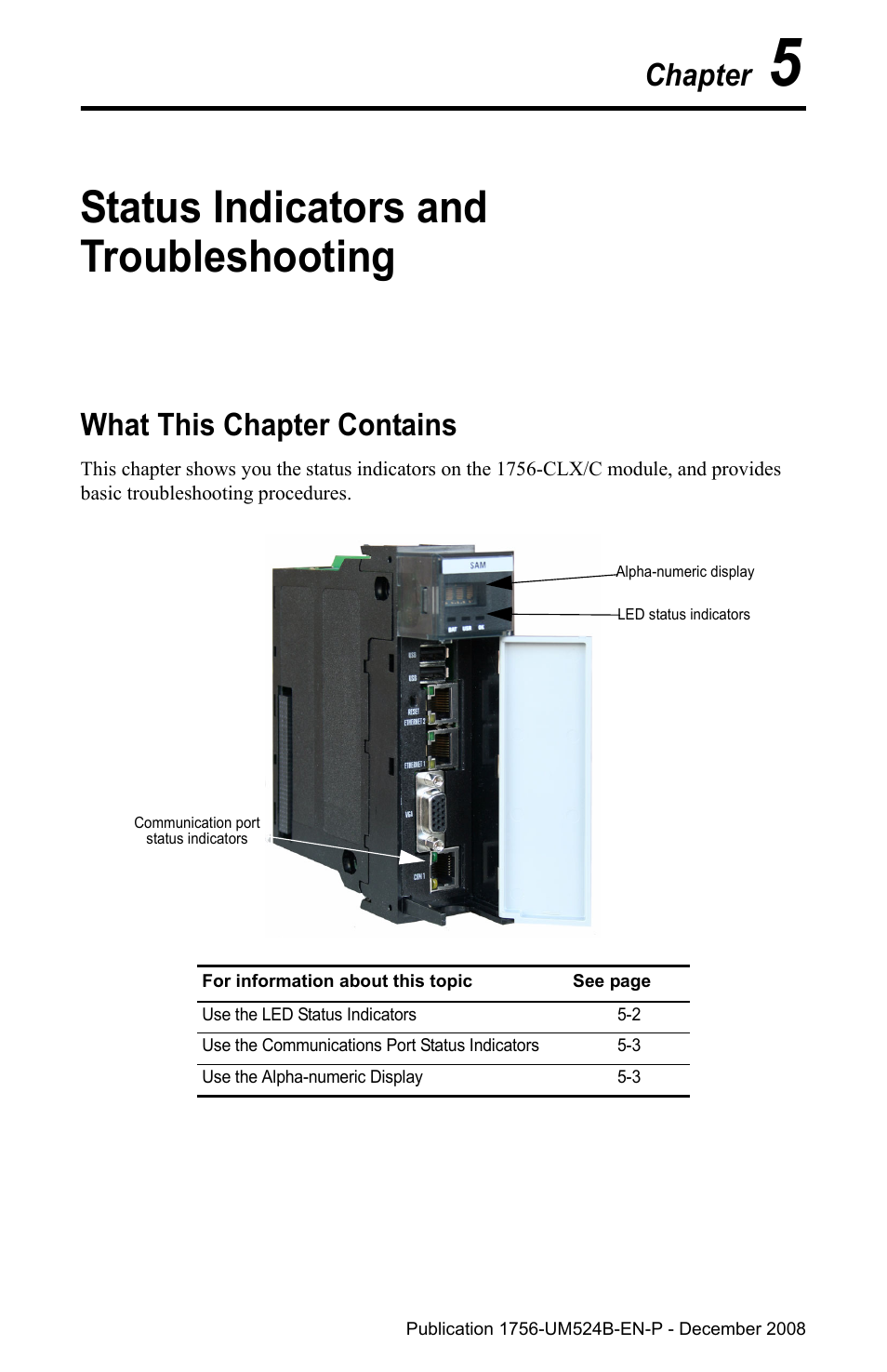Chapter 5 status indicators and troubleshooting, What this chapter contains, Chapter 5 | Status indicators and troubleshooting, What this chapter contains -1, Chapter | Rockwell Automation 1756-NEX Nexus Module  User Manual | Page 41 / 98