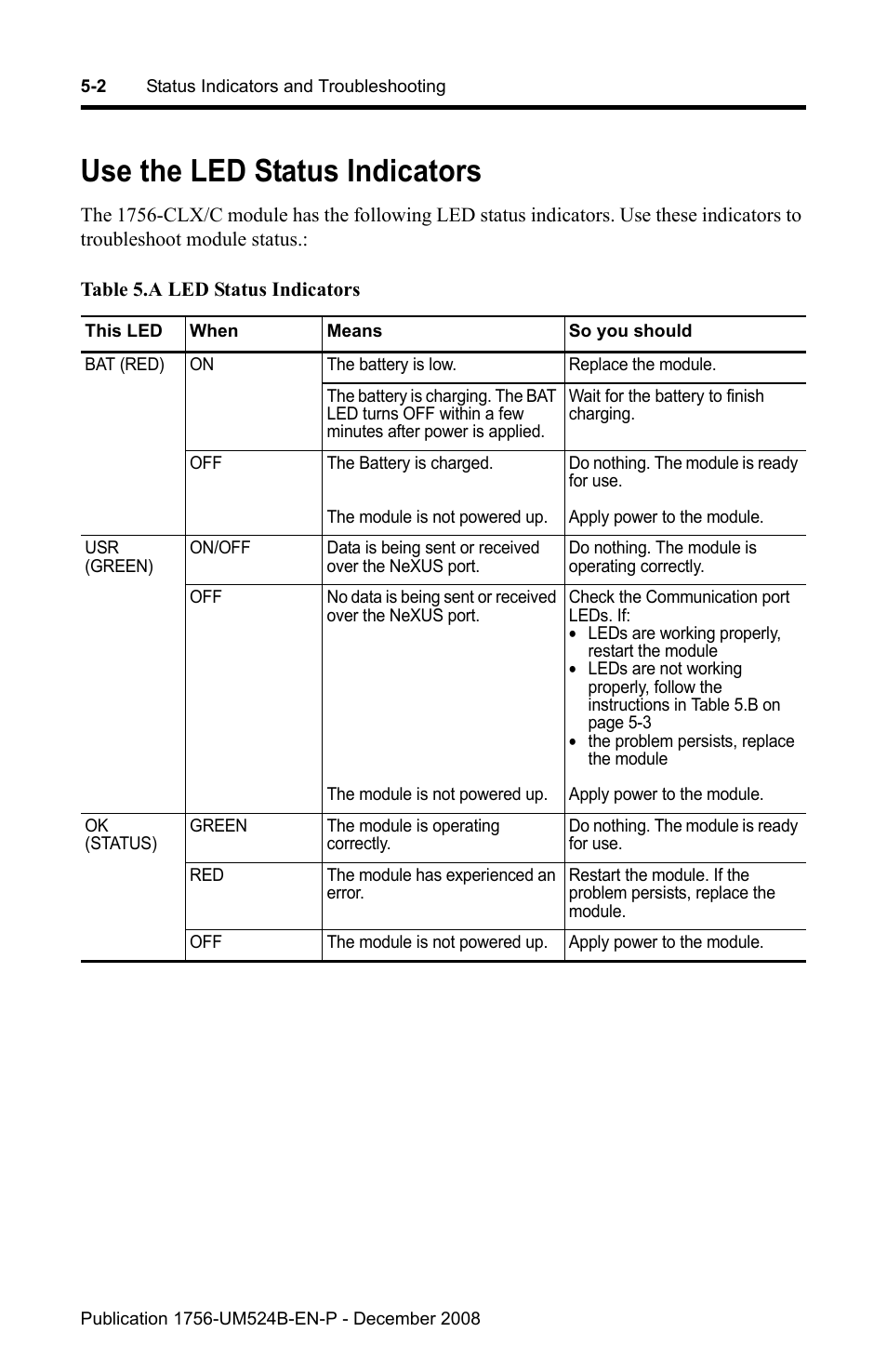 Use the led status indicators, Use the led status indicators -2 | Rockwell Automation 1756-NEX Nexus Module  User Manual | Page 42 / 98