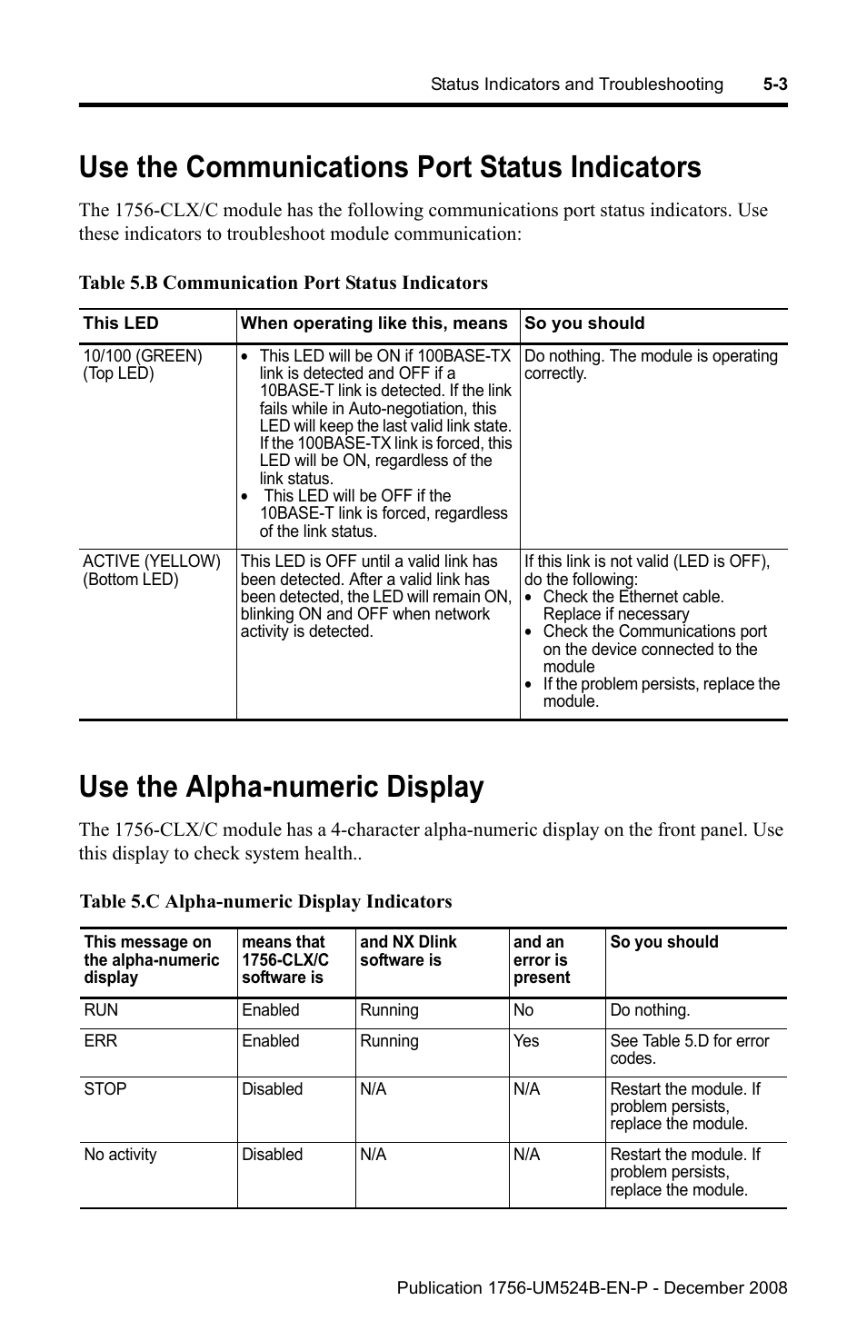 Use the communications port status indicators, Use the alpha-numeric display | Rockwell Automation 1756-NEX Nexus Module  User Manual | Page 43 / 98