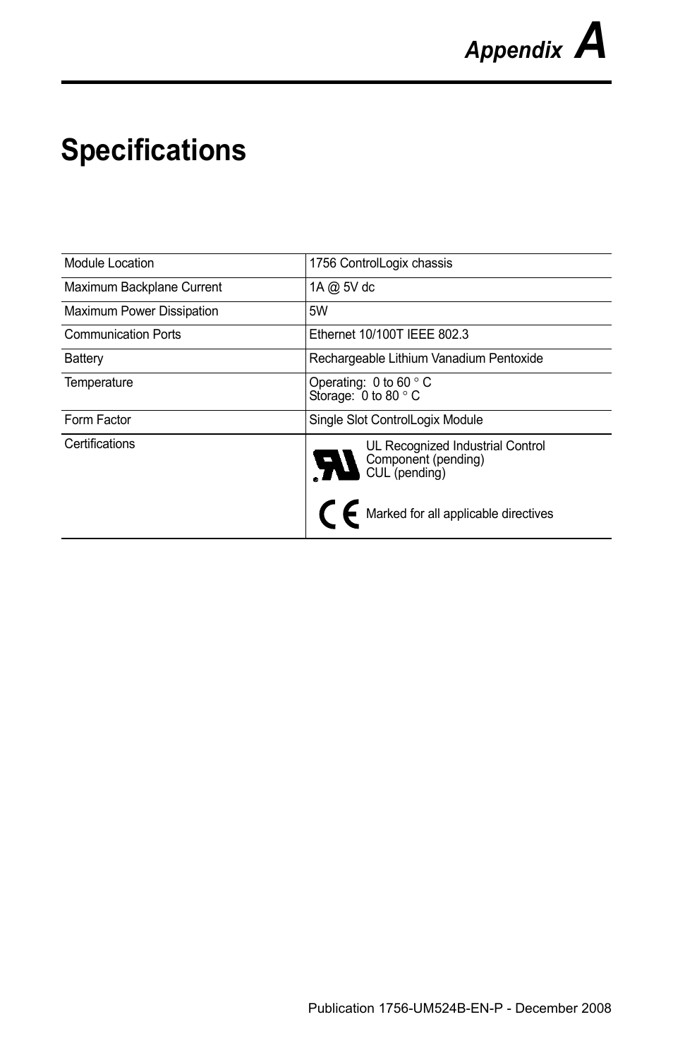 Appendix a specifications, Appendix a, Specifications | Appendix | Rockwell Automation 1756-NEX Nexus Module  User Manual | Page 47 / 98