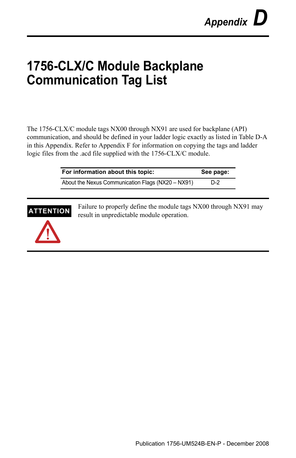 Appendix d, 1756-clx/c module backplane communication tag list, Appendix | Rockwell Automation 1756-NEX Nexus Module  User Manual | Page 59 / 98