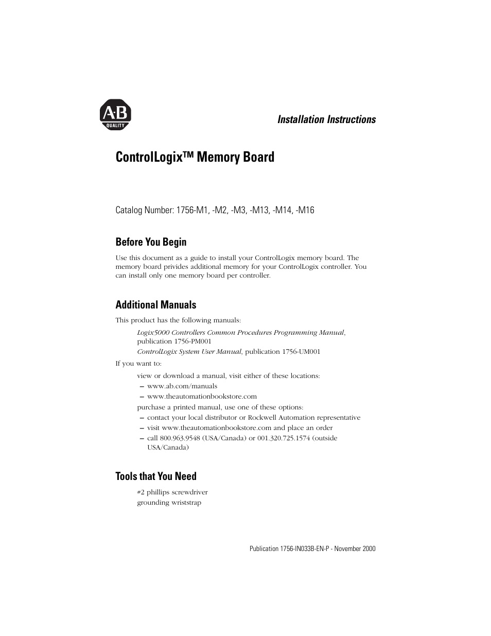 Rockwell Automation 1756-Mx  ControlLogix Memory Board Installation Instructions User Manual | 16 pages