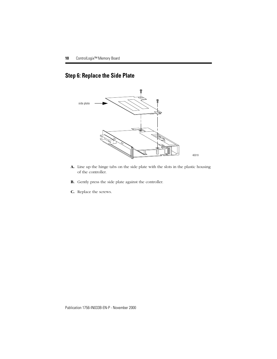 Step 6: replace the side plate | Rockwell Automation 1756-Mx  ControlLogix Memory Board Installation Instructions User Manual | Page 10 / 16