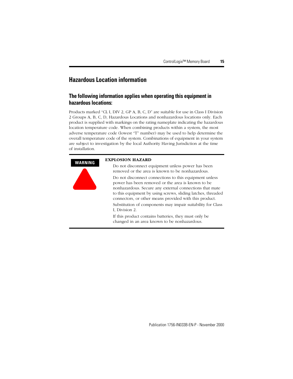 Hazardous location information | Rockwell Automation 1756-Mx  ControlLogix Memory Board Installation Instructions User Manual | Page 15 / 16