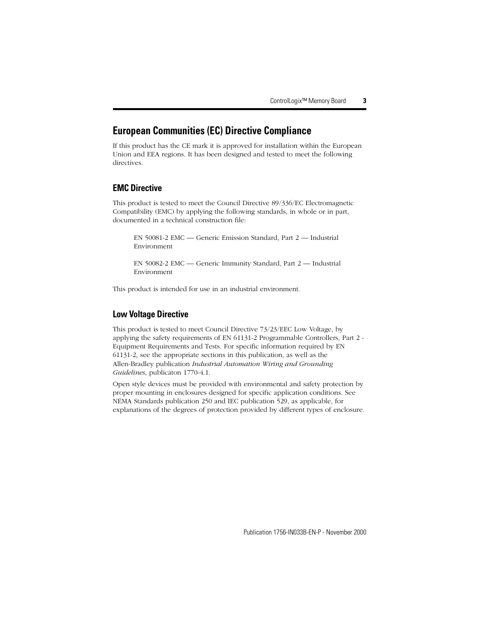 European communities (ec) directive compliance | Rockwell Automation 1756-Mx  ControlLogix Memory Board Installation Instructions User Manual | Page 3 / 16