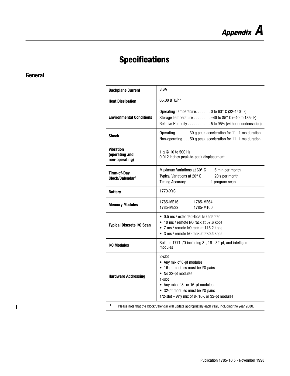 A - specifications, General, Specifications | Appendix | Rockwell Automation 1785-Lx0E,D178510.5 QUICK START ETHERNET PLC-9 User Manual | Page 22 / 29