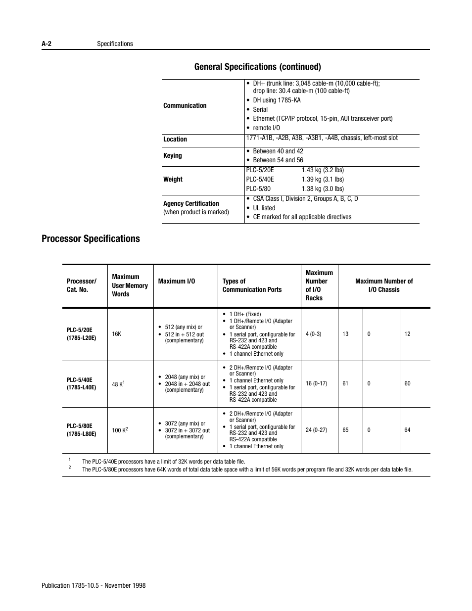 Processor specifications, General specifications, Continued) | Rockwell Automation 1785-Lx0E,D178510.5 QUICK START ETHERNET PLC-9 User Manual | Page 23 / 29