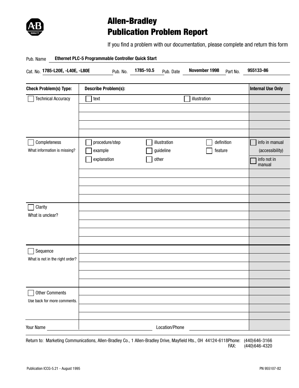 Allen-bradley publication problem report | Rockwell Automation 1785-Lx0E,D178510.5 QUICK START ETHERNET PLC-9 User Manual | Page 26 / 29