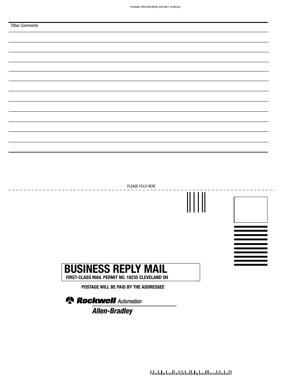 Business reply card, Business reply mail | Rockwell Automation 1785-Lx0E,D178510.5 QUICK START ETHERNET PLC-9 User Manual | Page 27 / 29