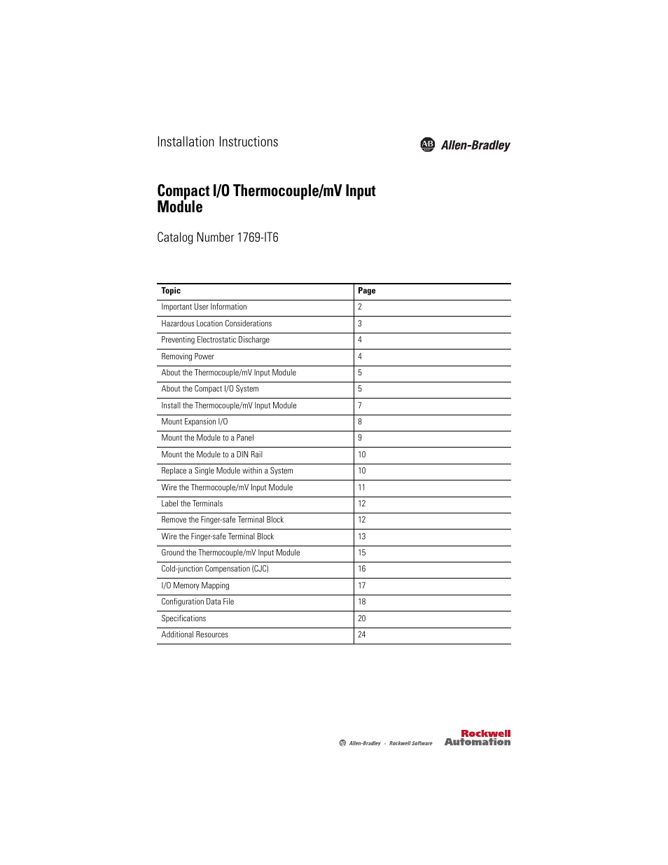 Rockwell Automation 1769-IT6 Compact I/O Thermocouple/mV Input Module User Manual | 24 pages