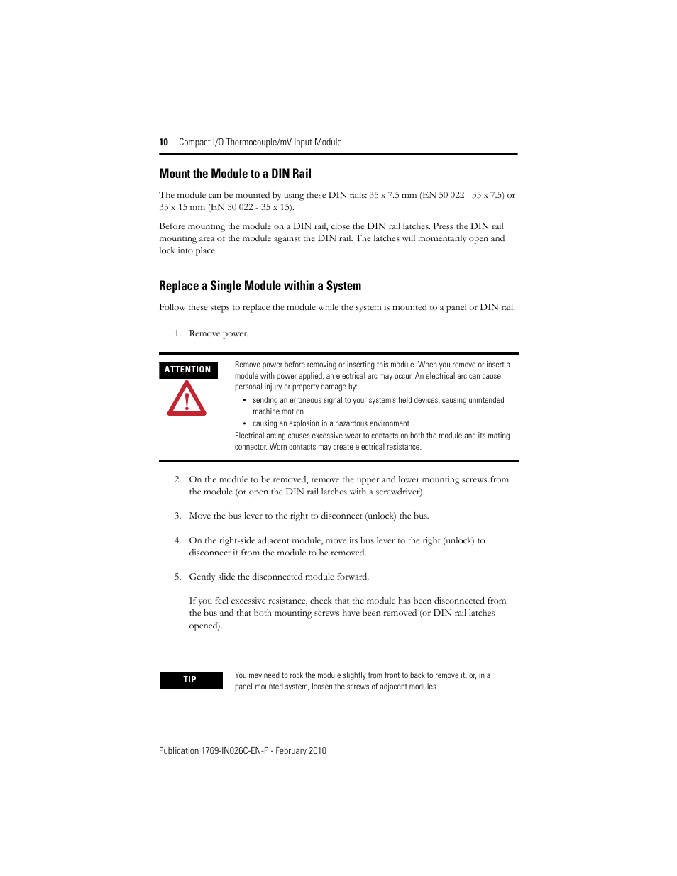 Mount the module to a din rail, Replace a single module within a system, Mount | Rockwell Automation 1769-IT6 Compact I/O Thermocouple/mV Input Module User Manual | Page 10 / 24