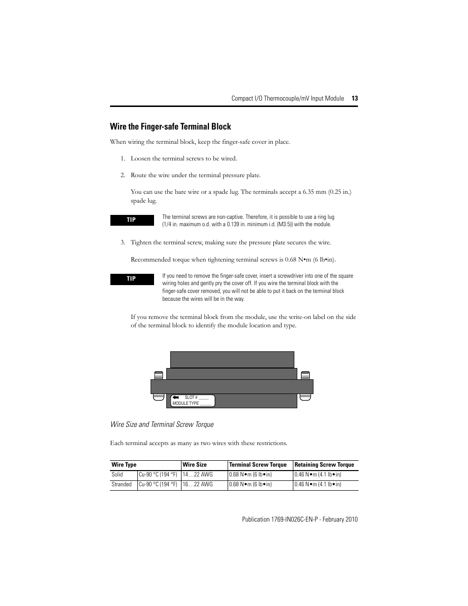 Wire the finger-safe terminal block, Wire size and terminal screw torque | Rockwell Automation 1769-IT6 Compact I/O Thermocouple/mV Input Module User Manual | Page 13 / 24