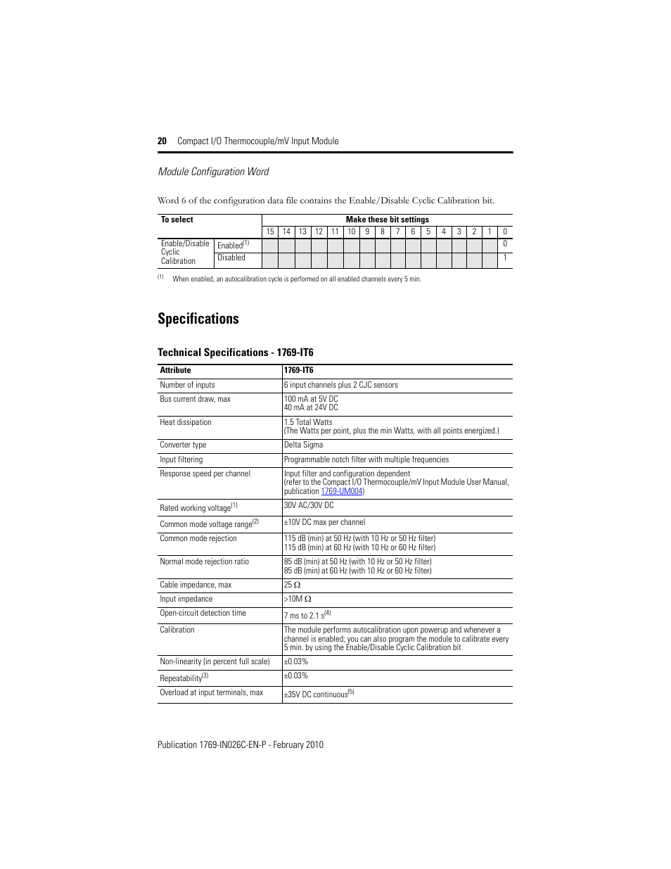 Module configuration word, Specifications | Rockwell Automation 1769-IT6 Compact I/O Thermocouple/mV Input Module User Manual | Page 20 / 24