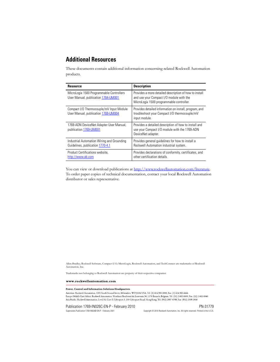 Additional resources | Rockwell Automation 1769-IT6 Compact I/O Thermocouple/mV Input Module User Manual | Page 24 / 24