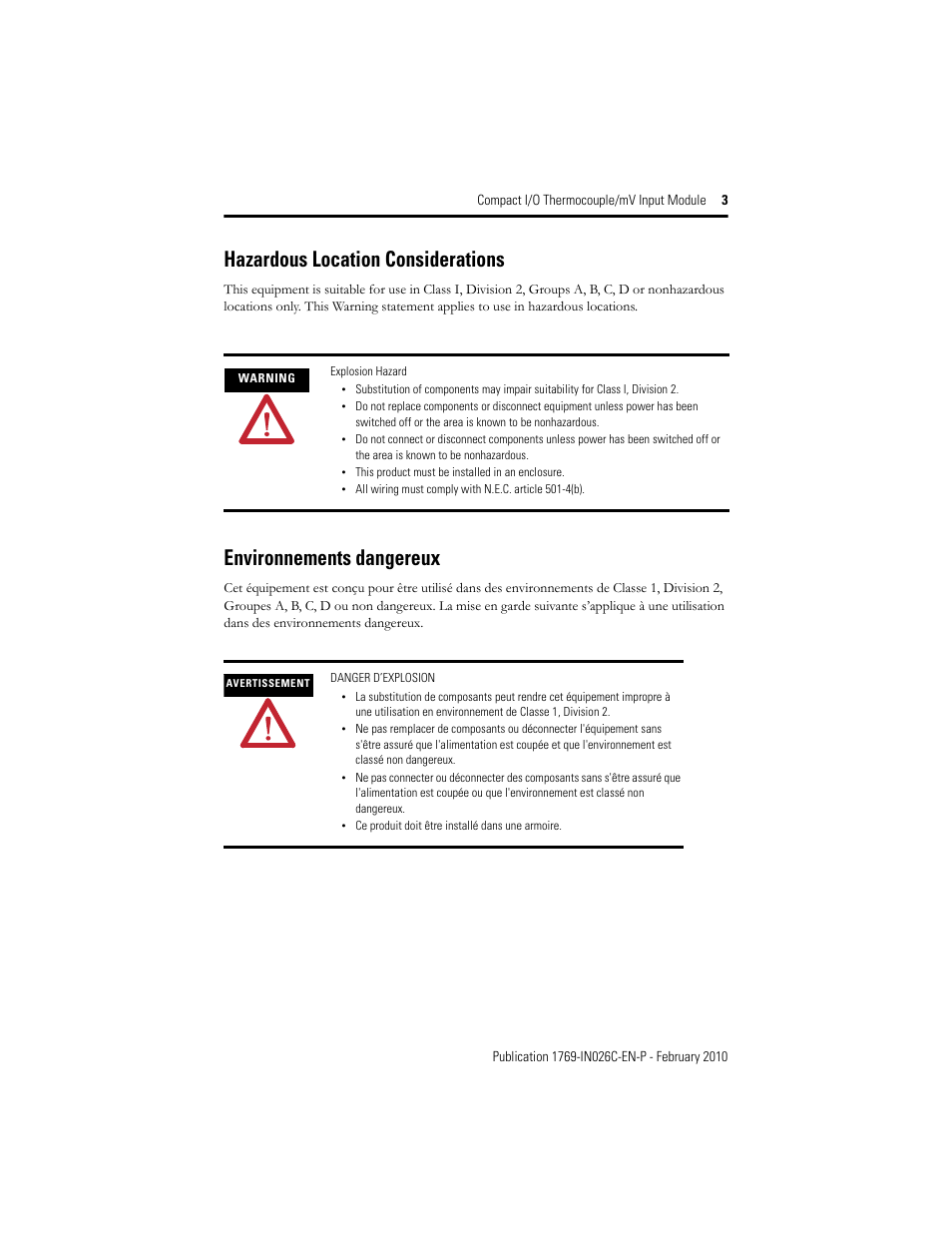 Hazardous location considerations, Environnements dangereux | Rockwell Automation 1769-IT6 Compact I/O Thermocouple/mV Input Module User Manual | Page 3 / 24