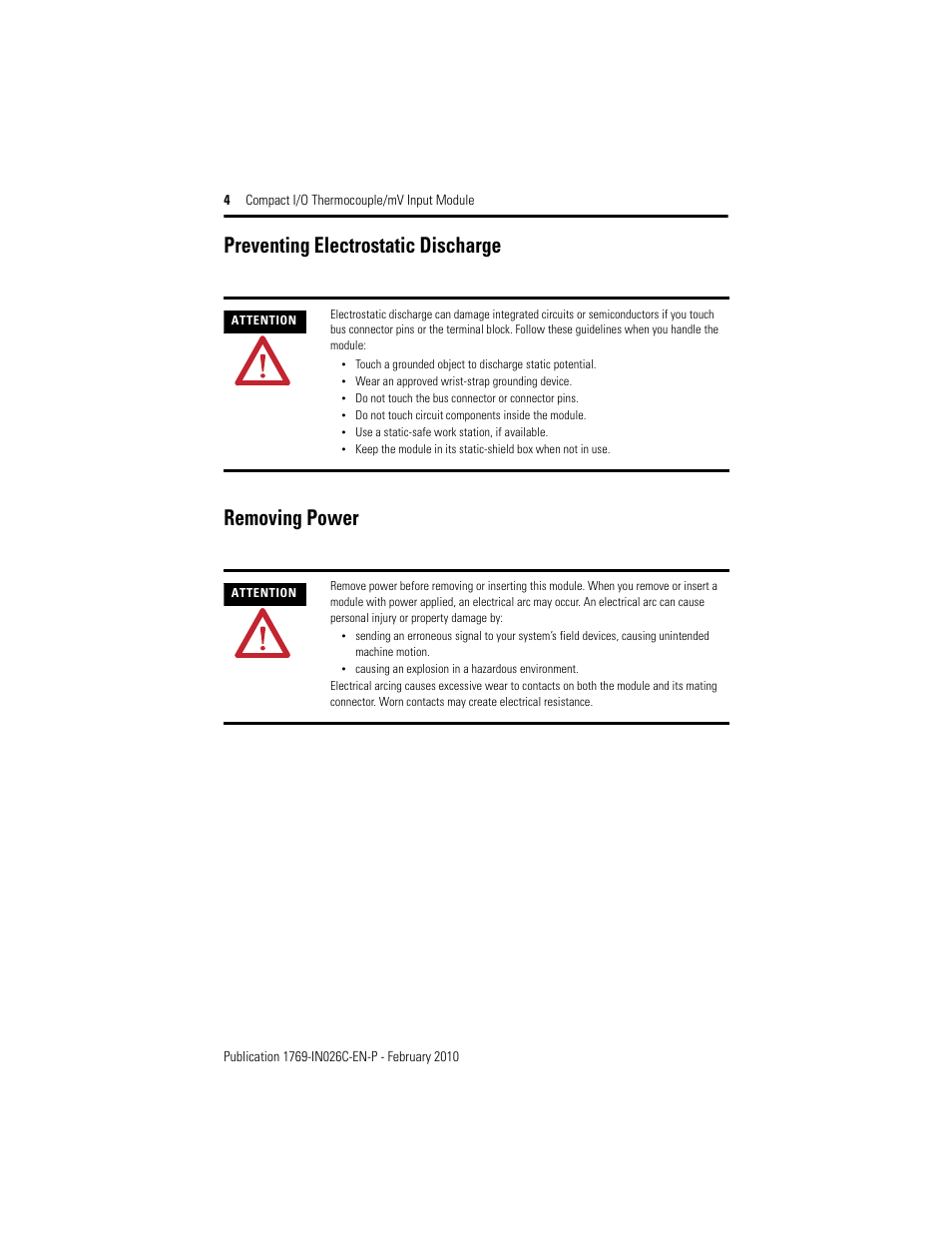 Preventing electrostatic discharge, Removing power, Preventing electrostatic discharge removing power | Rockwell Automation 1769-IT6 Compact I/O Thermocouple/mV Input Module User Manual | Page 4 / 24