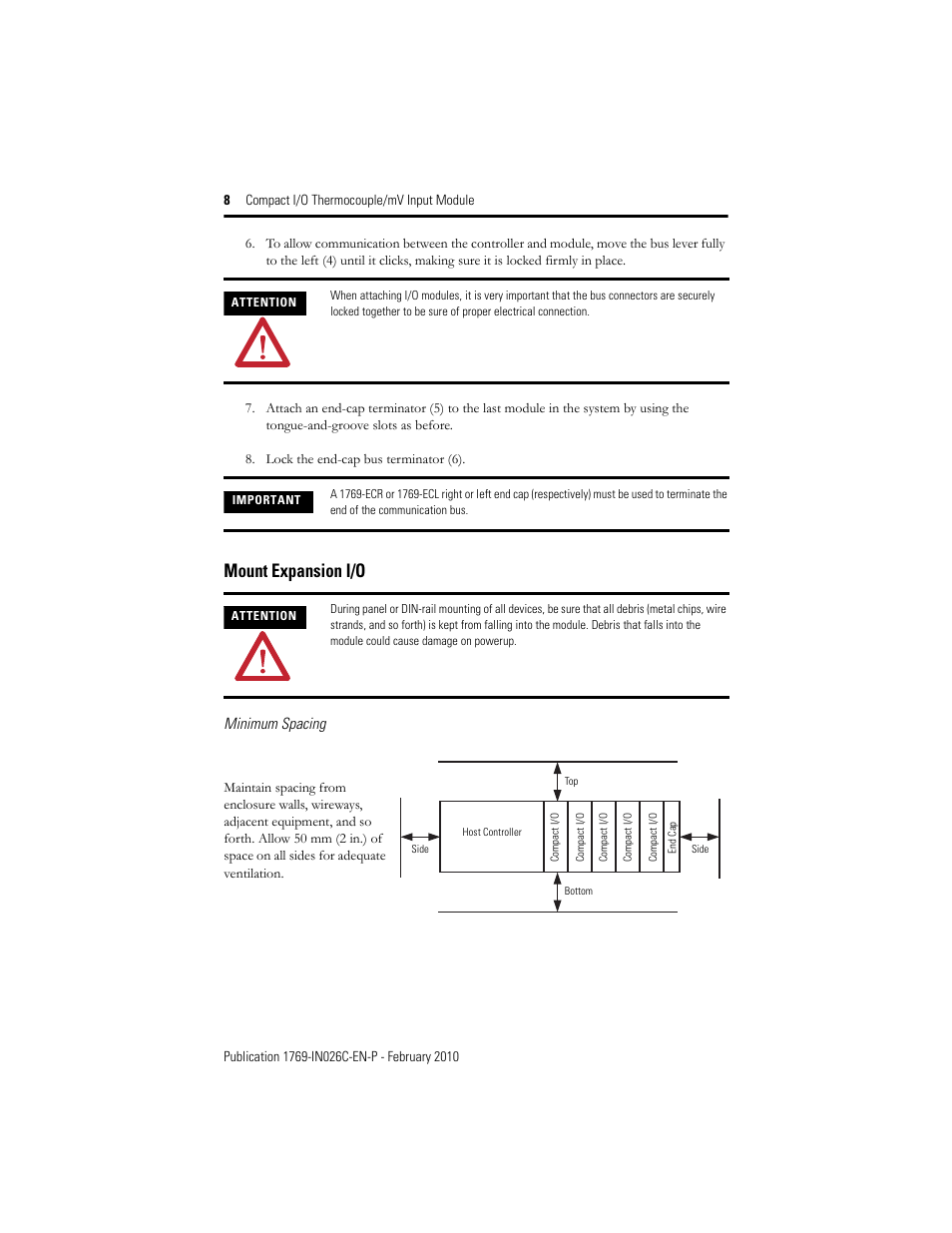 Mount expansion i/o, Minimum spacing | Rockwell Automation 1769-IT6 Compact I/O Thermocouple/mV Input Module User Manual | Page 8 / 24