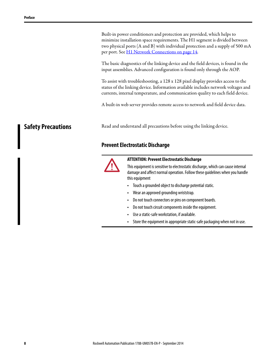 Safety precautions, Prevent electrostatic discharge | Rockwell Automation 1788-CN2FFR EtherNet/IP and ControlNet to FOUNDATION Fieldbus Linking Device User Manual | Page 10 / 104