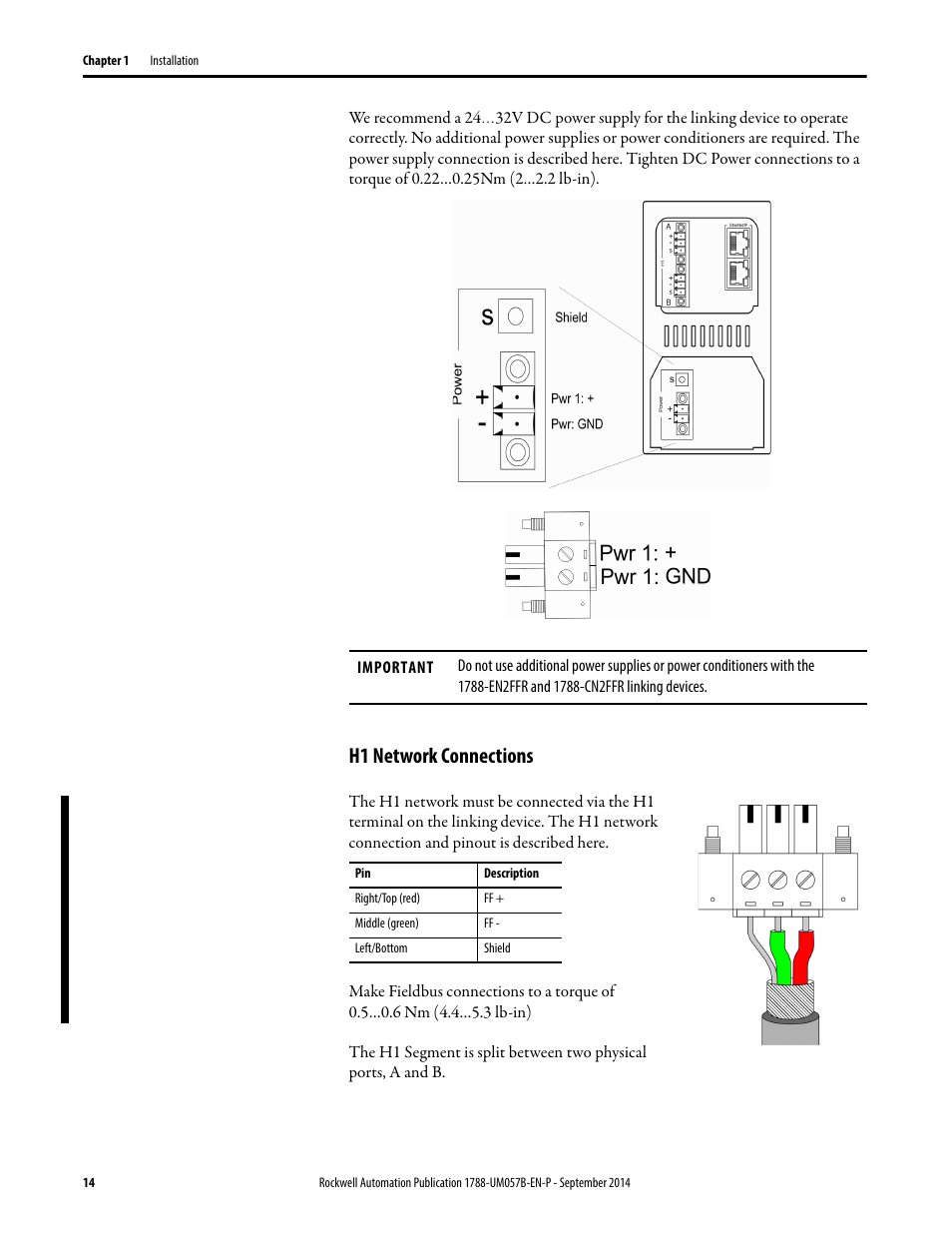 H1 network connections | Rockwell Automation 1788-CN2FFR EtherNet/IP and ControlNet to FOUNDATION Fieldbus Linking Device User Manual | Page 16 / 104