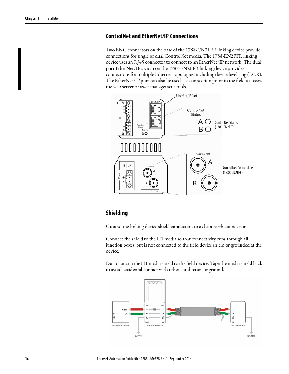 Controlnet and ethernet/ip connections, Shielding, Controlnet and ethernet/ip connections shielding | Rockwell Automation 1788-CN2FFR EtherNet/IP and ControlNet to FOUNDATION Fieldbus Linking Device User Manual | Page 18 / 104