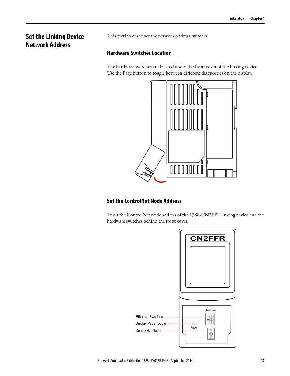 Set the linking device network address, Hardware switches location, Set the controlnet node address | Rockwell Automation 1788-CN2FFR EtherNet/IP and ControlNet to FOUNDATION Fieldbus Linking Device User Manual | Page 19 / 104