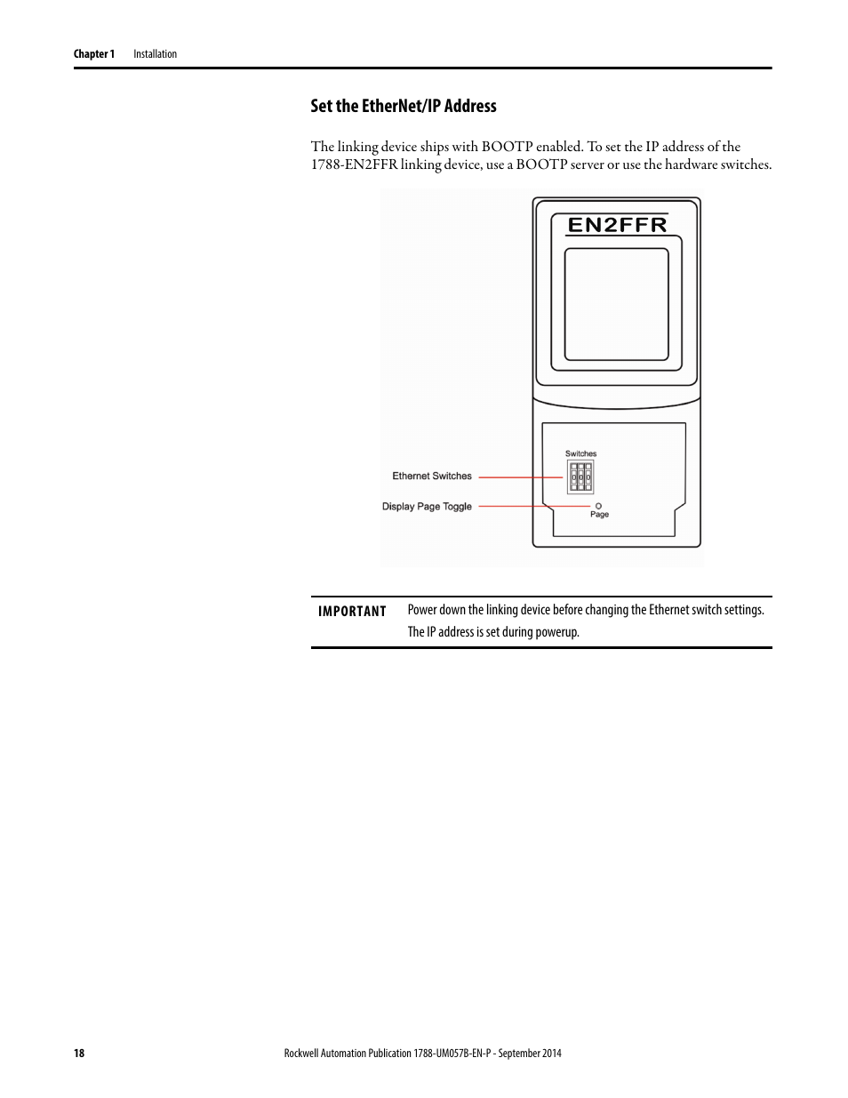 Set the ethernet/ip address | Rockwell Automation 1788-CN2FFR EtherNet/IP and ControlNet to FOUNDATION Fieldbus Linking Device User Manual | Page 20 / 104