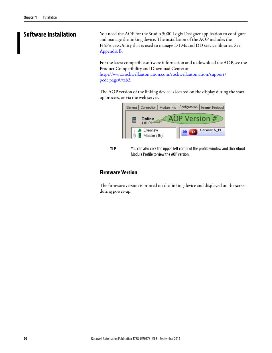 Software installation, Firmware version | Rockwell Automation 1788-CN2FFR EtherNet/IP and ControlNet to FOUNDATION Fieldbus Linking Device User Manual | Page 22 / 104