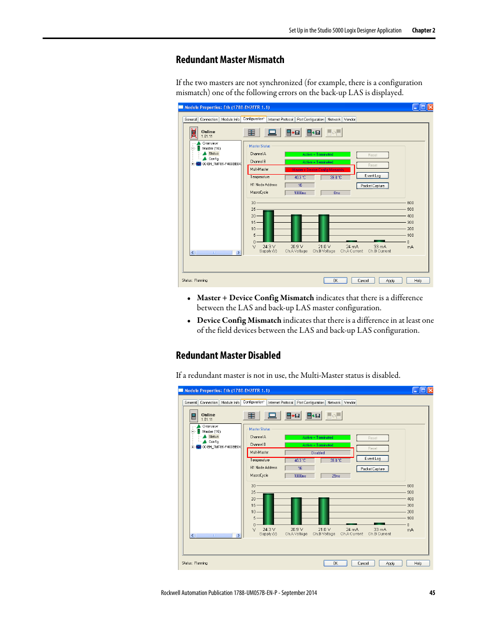 Redundant master mismatch, Redundant master disabled | Rockwell Automation 1788-CN2FFR EtherNet/IP and ControlNet to FOUNDATION Fieldbus Linking Device User Manual | Page 47 / 104