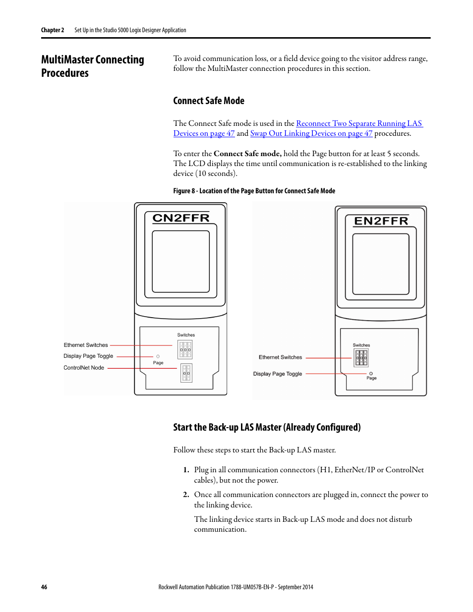 Multimaster connecting procedures, Connect safe mode, Start the back-up las master (already configured) | Rockwell Automation 1788-CN2FFR EtherNet/IP and ControlNet to FOUNDATION Fieldbus Linking Device User Manual | Page 48 / 104