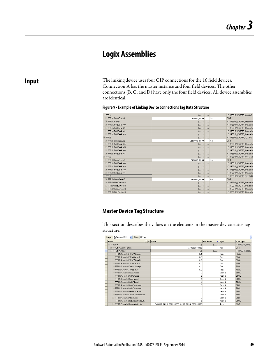 3 - logix assemblies, Input, Master device tag structure | Chapter 3, Logix assemblies | Rockwell Automation 1788-CN2FFR EtherNet/IP and ControlNet to FOUNDATION Fieldbus Linking Device User Manual | Page 51 / 104