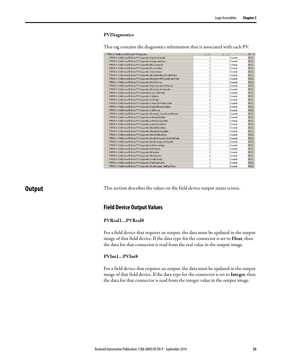 Output, Field device output values | Rockwell Automation 1788-CN2FFR EtherNet/IP and ControlNet to FOUNDATION Fieldbus Linking Device User Manual | Page 55 / 104