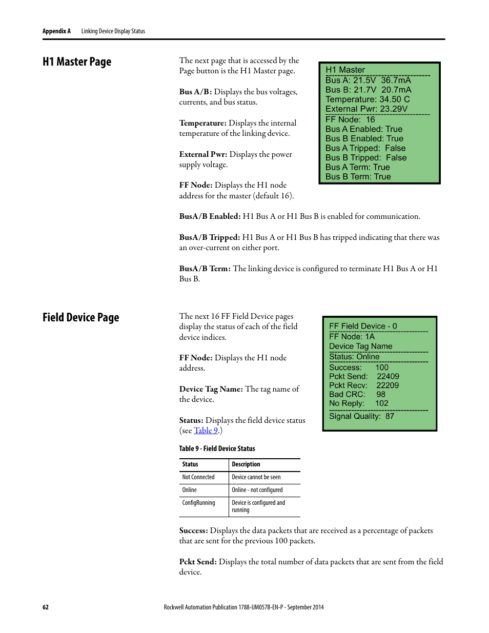 H1 master page, Field device page | Rockwell Automation 1788-CN2FFR EtherNet/IP and ControlNet to FOUNDATION Fieldbus Linking Device User Manual | Page 64 / 104