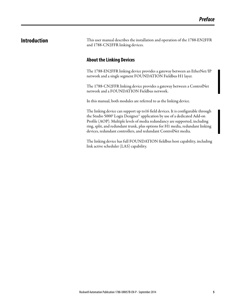 Preface, Introduction, About the linking devices | Preface introduction | Rockwell Automation 1788-CN2FFR EtherNet/IP and ControlNet to FOUNDATION Fieldbus Linking Device User Manual | Page 7 / 104