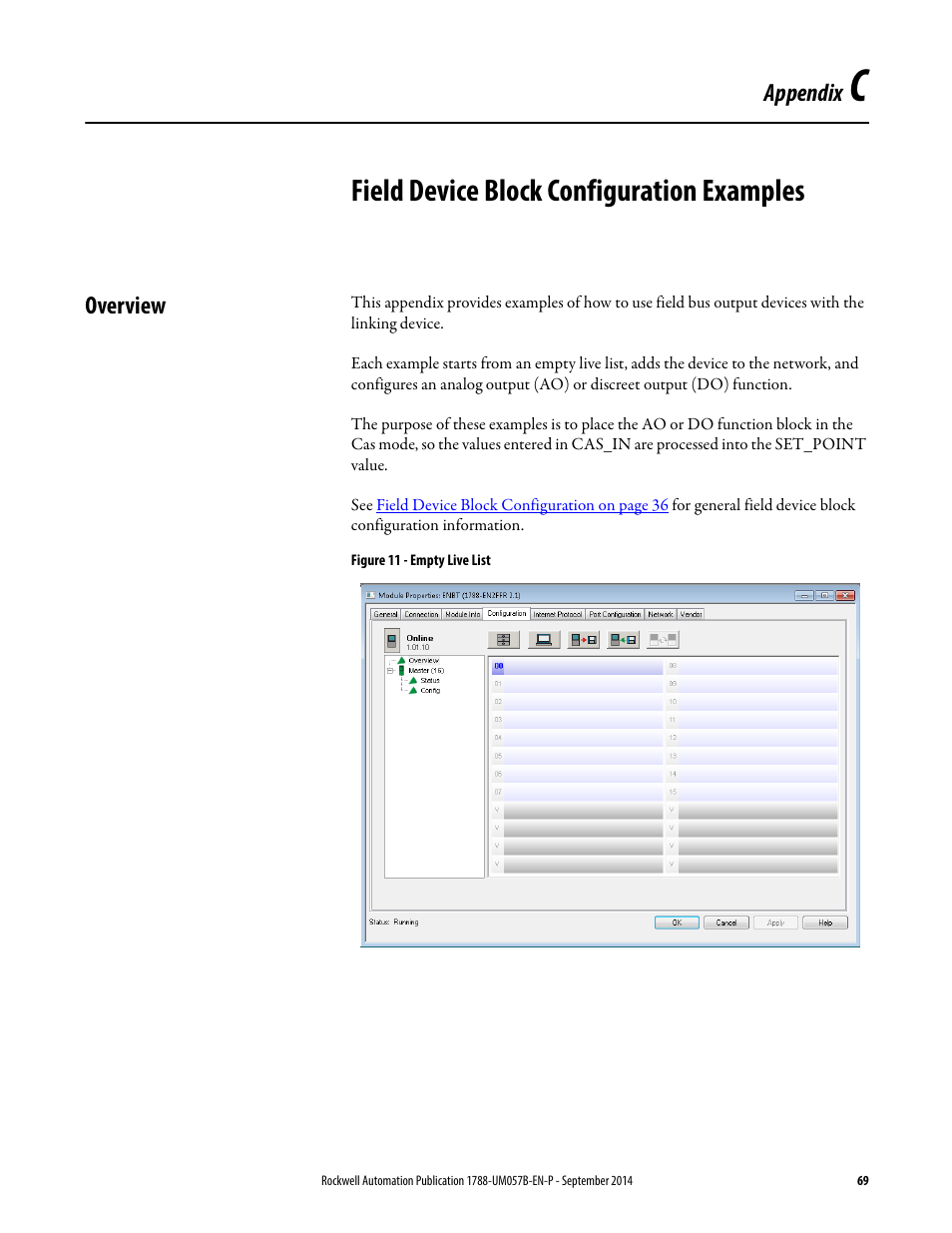 C - field device block configuration examples, Overview, Appendix c | Field device block configuration examples, Field device block, Appendix | Rockwell Automation 1788-CN2FFR EtherNet/IP and ControlNet to FOUNDATION Fieldbus Linking Device User Manual | Page 71 / 104