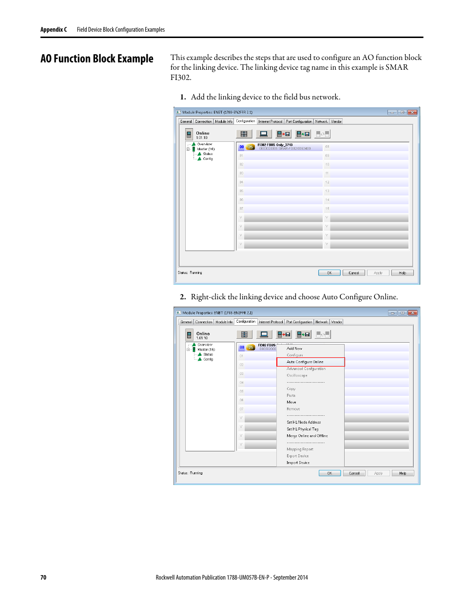 Ao function block example | Rockwell Automation 1788-CN2FFR EtherNet/IP and ControlNet to FOUNDATION Fieldbus Linking Device User Manual | Page 72 / 104