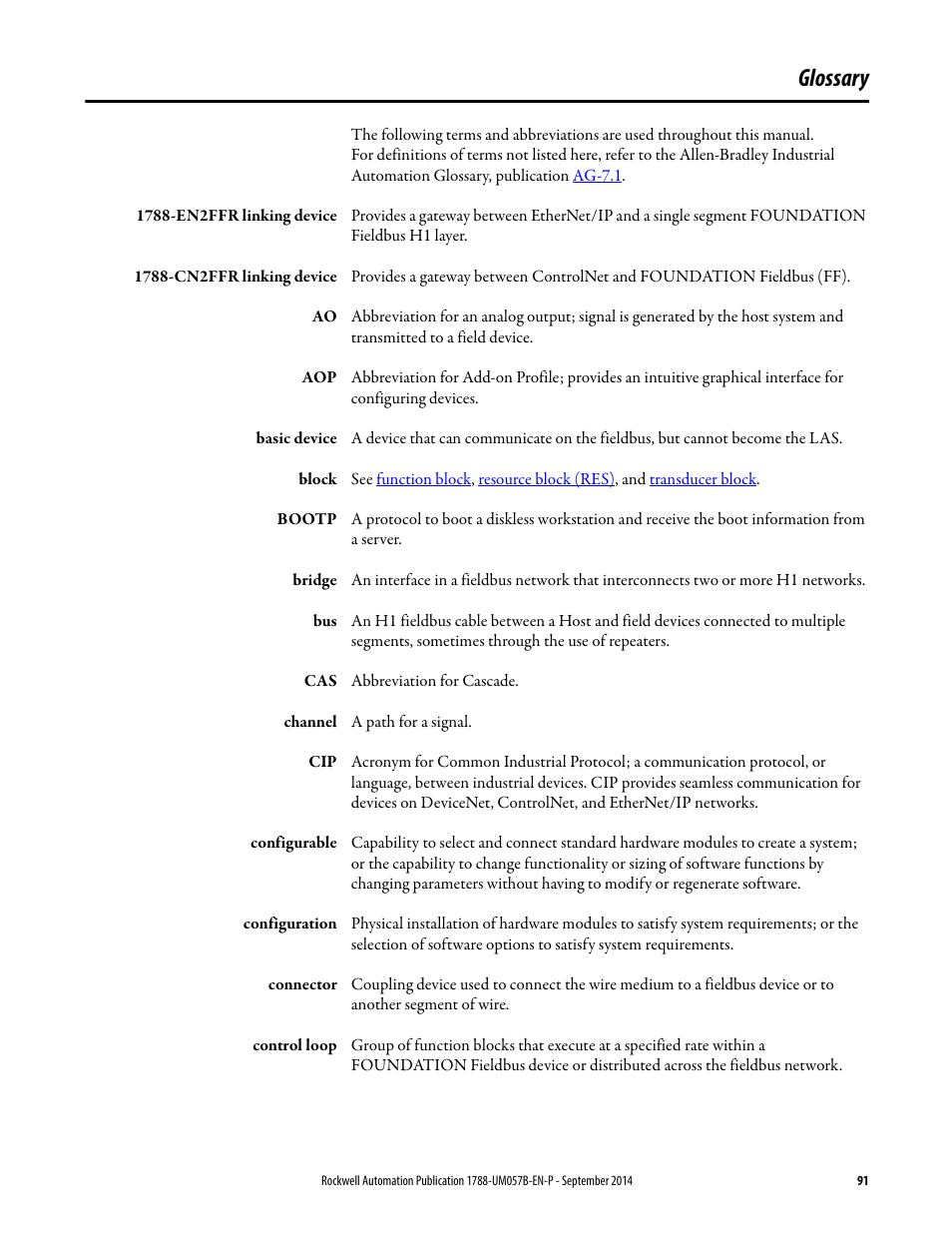 Glossary | Rockwell Automation 1788-CN2FFR EtherNet/IP and ControlNet to FOUNDATION Fieldbus Linking Device User Manual | Page 93 / 104