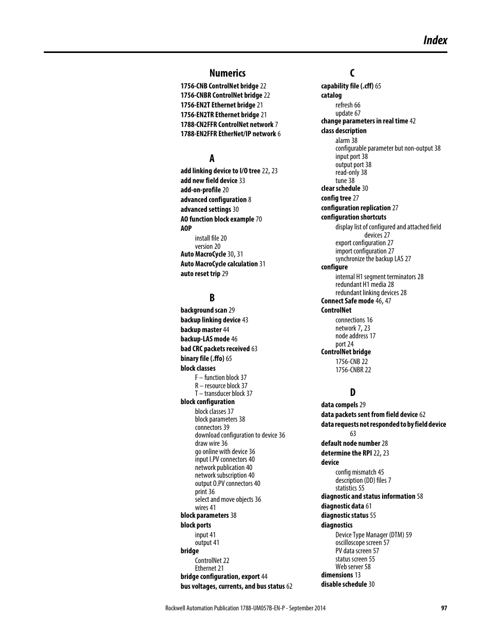 Index, Numerics | Rockwell Automation 1788-CN2FFR EtherNet/IP and ControlNet to FOUNDATION Fieldbus Linking Device User Manual | Page 99 / 104