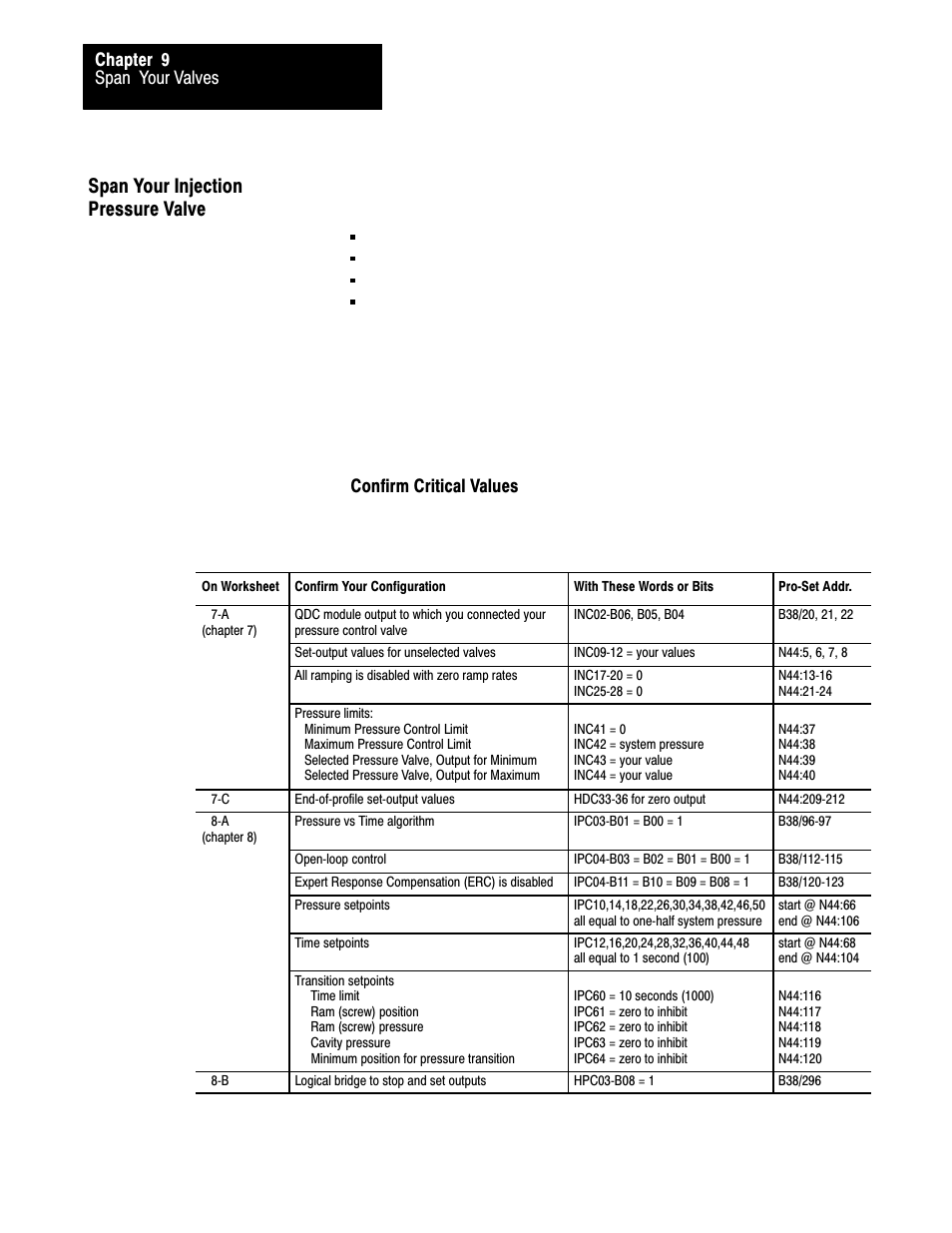 Span your injection pressure valve, Span your valves chapter 9, Confirm critical values | Rockwell Automation 1771-QDC, D17716.5.85(Passport) MNL. PLASTIC MOLDING MODULE User Manual | Page 119 / 197