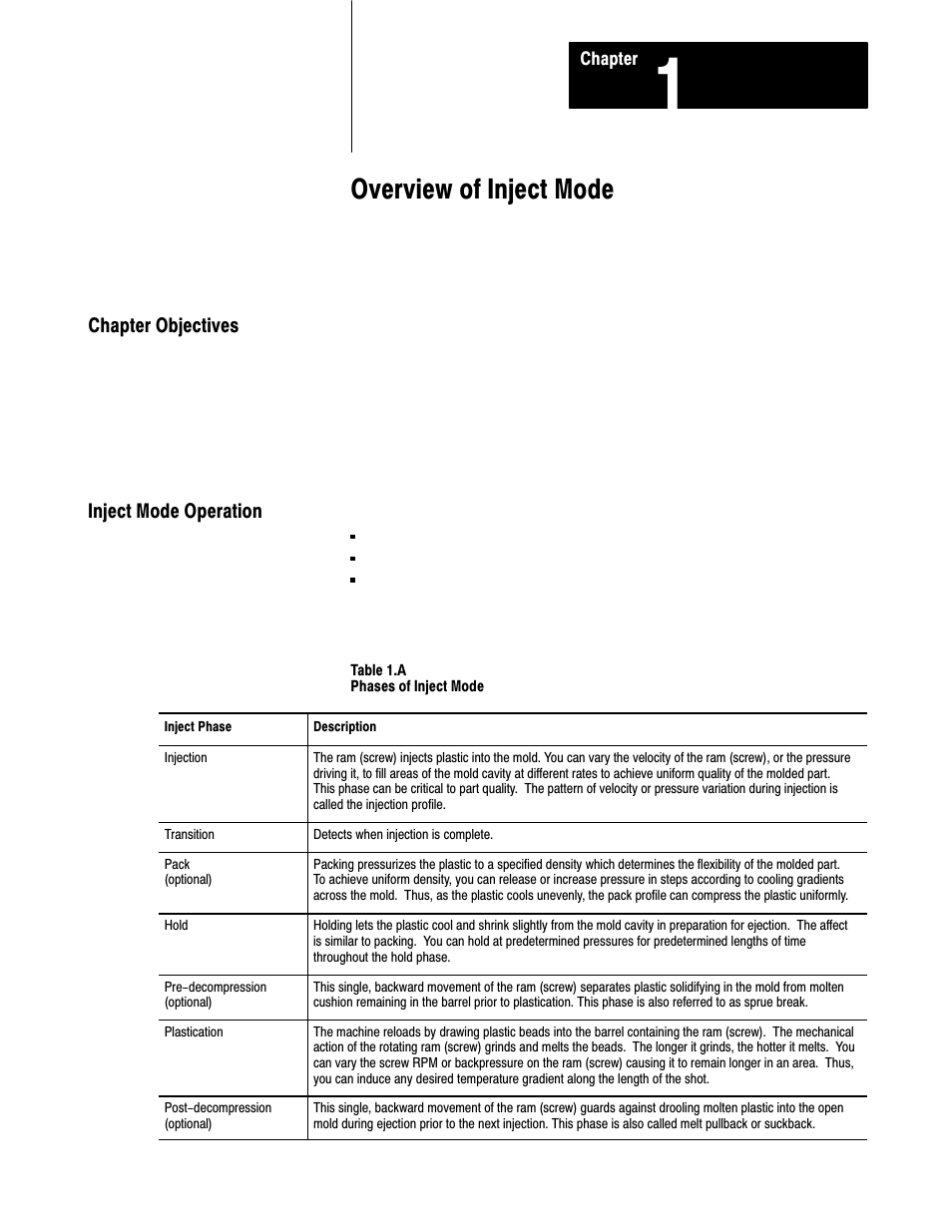 1771-6.5.85, 1 - overview of inject mode, Overview of inject mode, Chapter objectives inject mode operation | Rockwell Automation 1771-QDC, D17716.5.85(Passport) MNL. PLASTIC MOLDING MODULE User Manual | Page 12 / 197