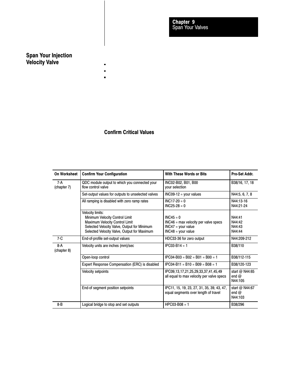 Span your injection velocity valve, Span your valves chapter 9, Confirm critical values | Rockwell Automation 1771-QDC, D17716.5.85(Passport) MNL. PLASTIC MOLDING MODULE User Manual | Page 124 / 197
