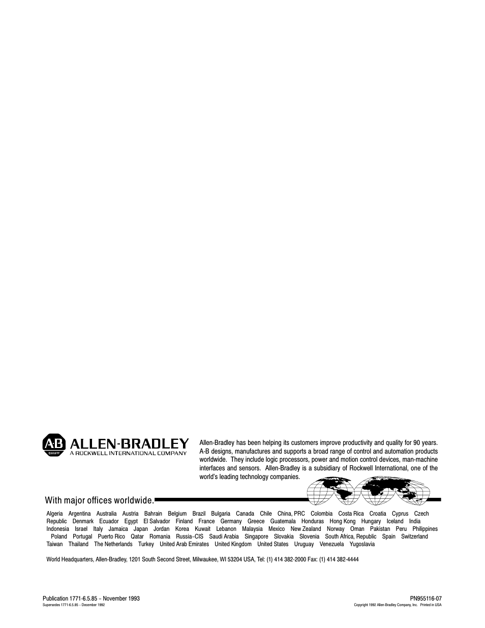1771-6.5.85, back cover and inside cover, With major offices worldwide | Rockwell Automation 1771-QDC, D17716.5.85(Passport) MNL. PLASTIC MOLDING MODULE User Manual | Page 197 / 197