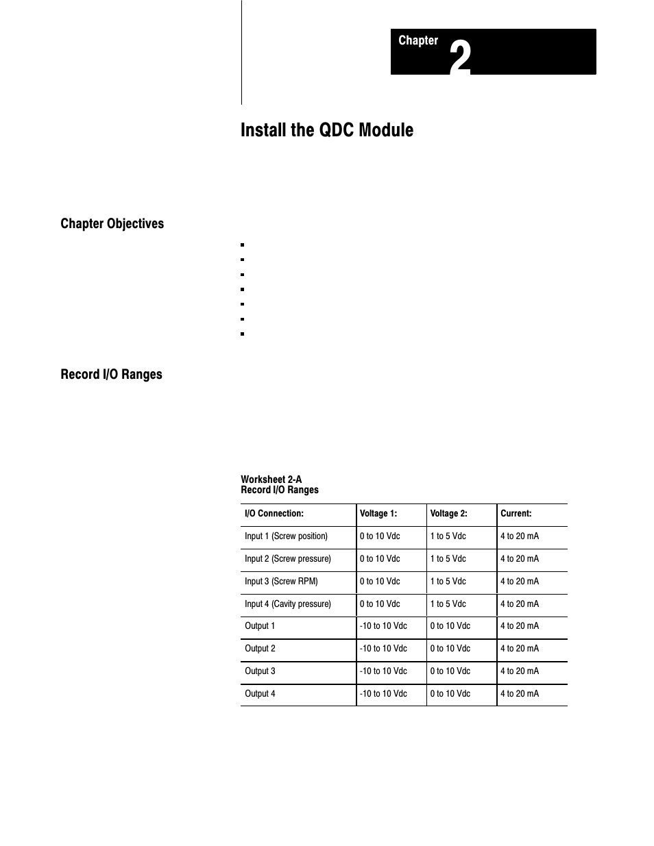 1771-6.5.85, 2 - install the qdc module, Install the qdc module, Chapter objectives record i/o ranges | Rockwell Automation 1771-QDC, D17716.5.85(Passport) MNL. PLASTIC MOLDING MODULE User Manual | Page 20 / 197