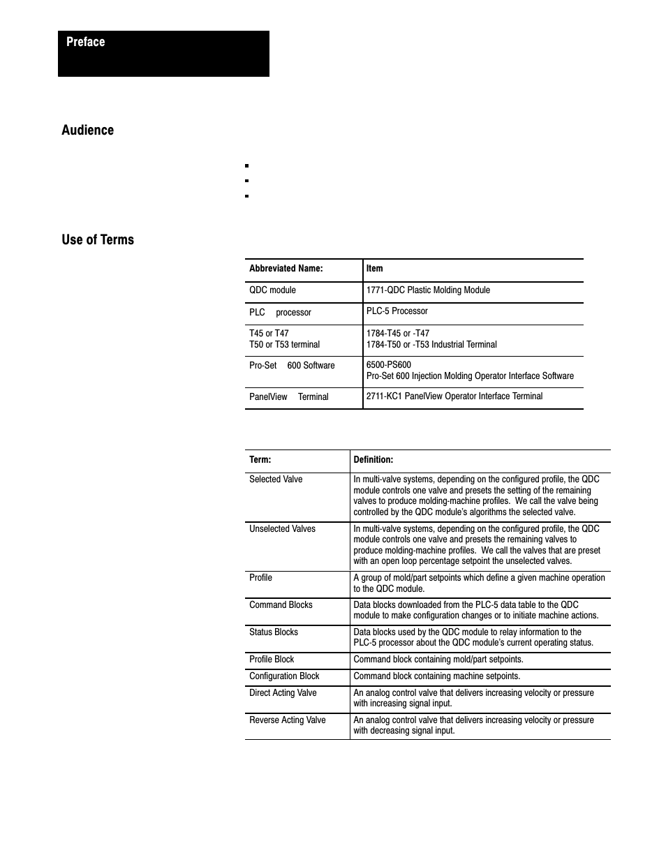 Audience use of terms, Preface | Rockwell Automation 1771-QDC, D17716.5.85(Passport) MNL. PLASTIC MOLDING MODULE User Manual | Page 8 / 197