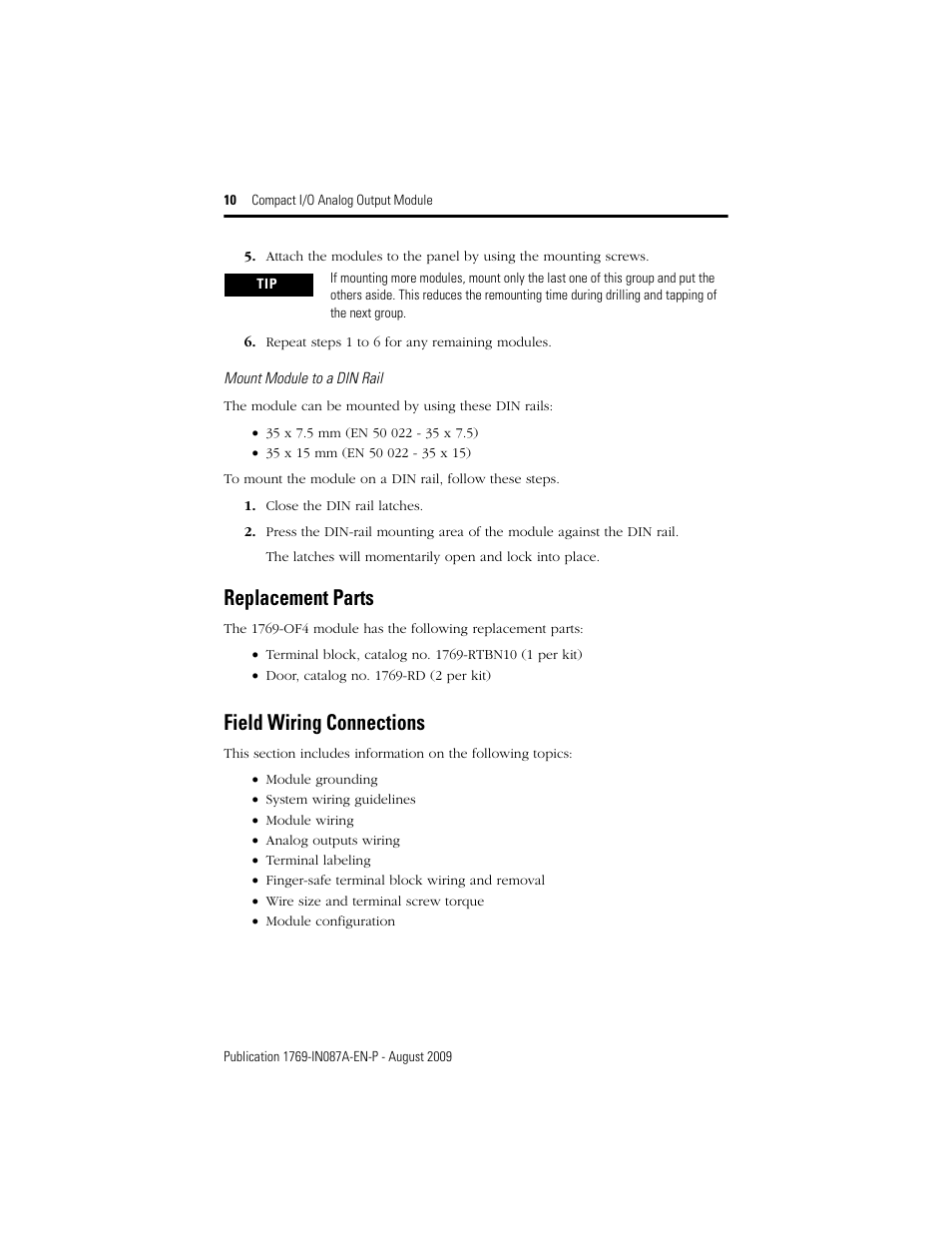 Replacement parts, Field wiring connections | Rockwell Automation 1769-OF4 Compact I/O Analog Output Module User Manual | Page 10 / 24