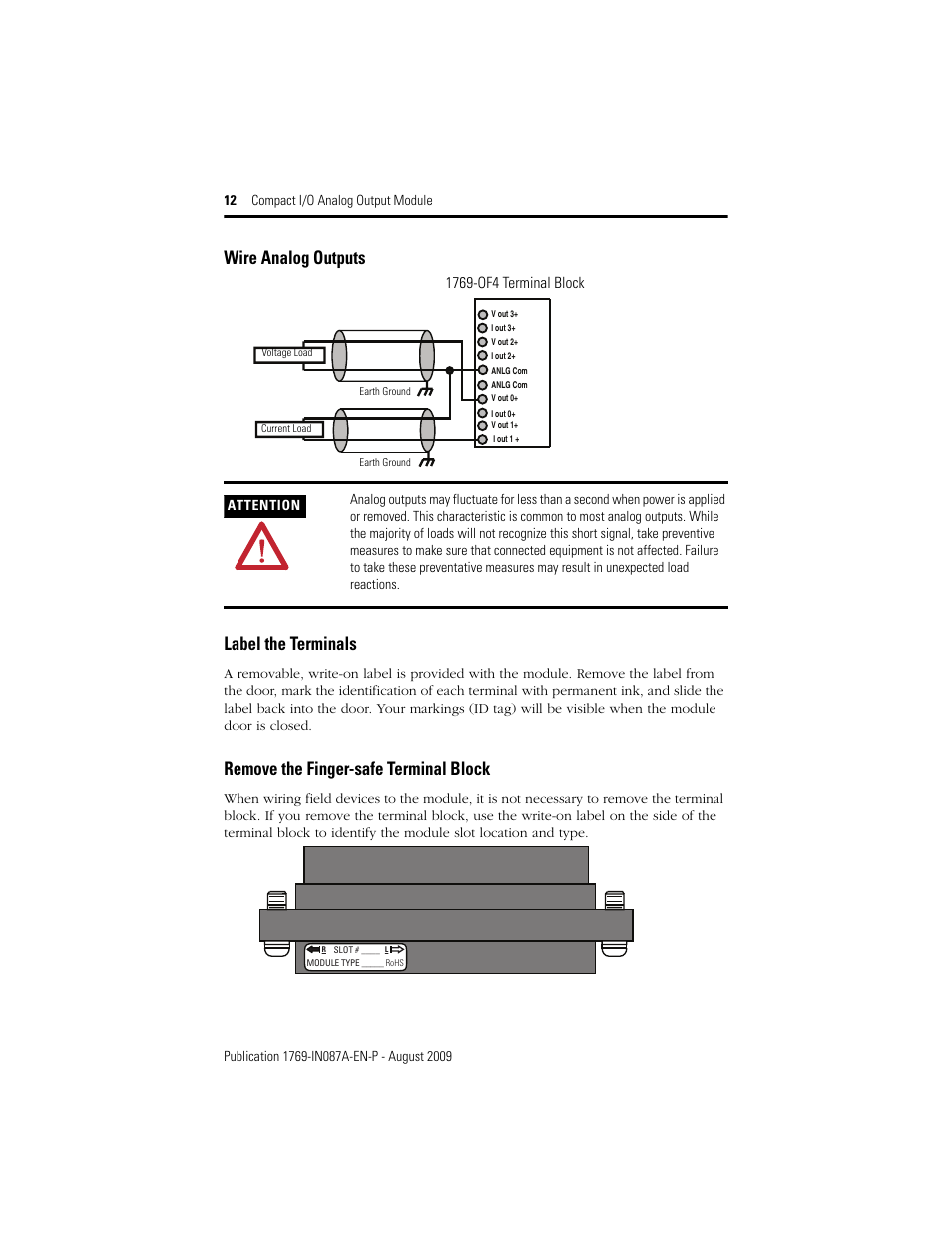 Wire analog outputs, Label the terminals, Remove the finger-safe terminal block | Wire analog outputs label the terminals | Rockwell Automation 1769-OF4 Compact I/O Analog Output Module User Manual | Page 12 / 24