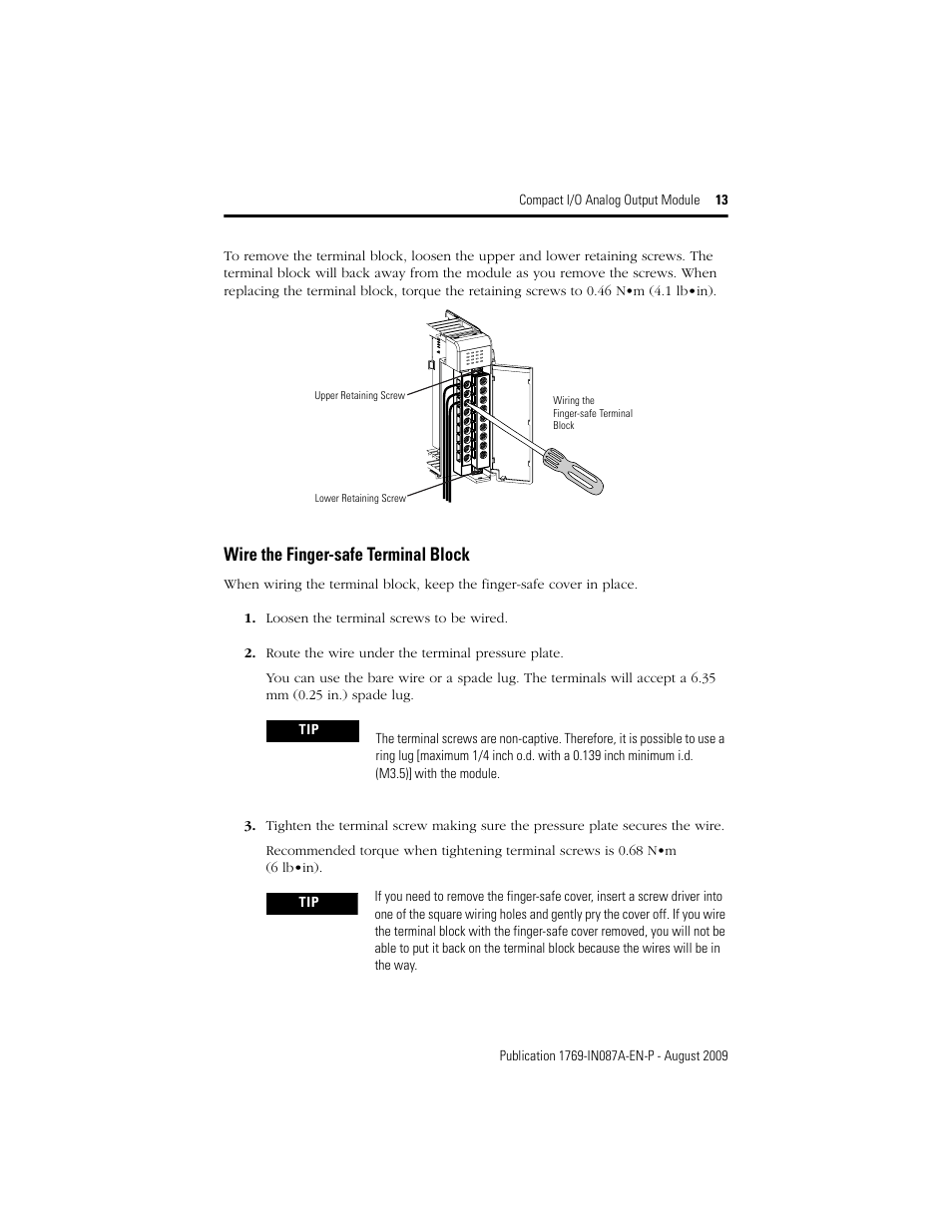 Wire the finger-safe terminal block | Rockwell Automation 1769-OF4 Compact I/O Analog Output Module User Manual | Page 13 / 24