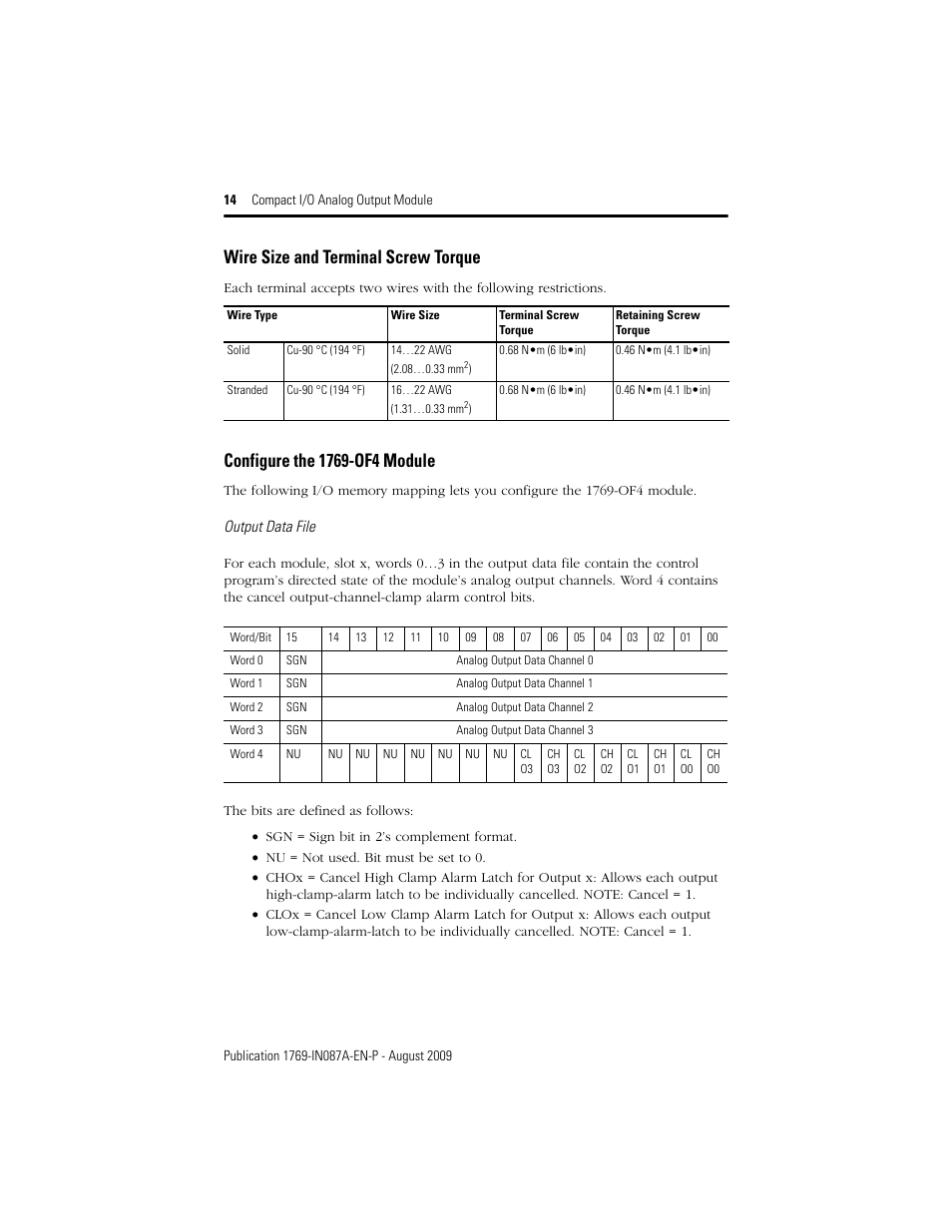 Wire size and terminal screw torque, Configure the 1769-of4 module | Rockwell Automation 1769-OF4 Compact I/O Analog Output Module User Manual | Page 14 / 24