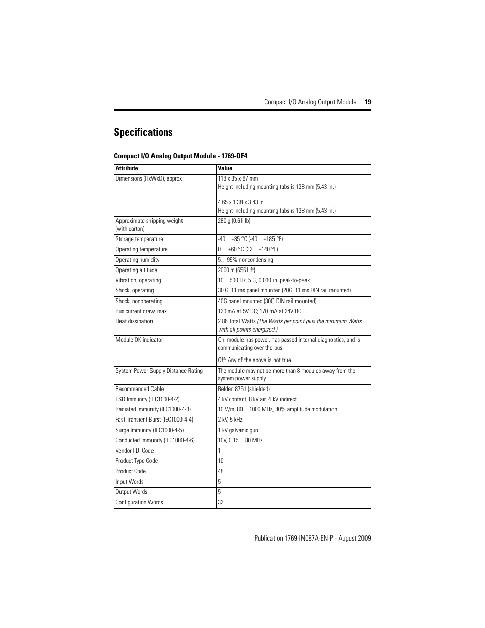 Specifications | Rockwell Automation 1769-OF4 Compact I/O Analog Output Module User Manual | Page 19 / 24